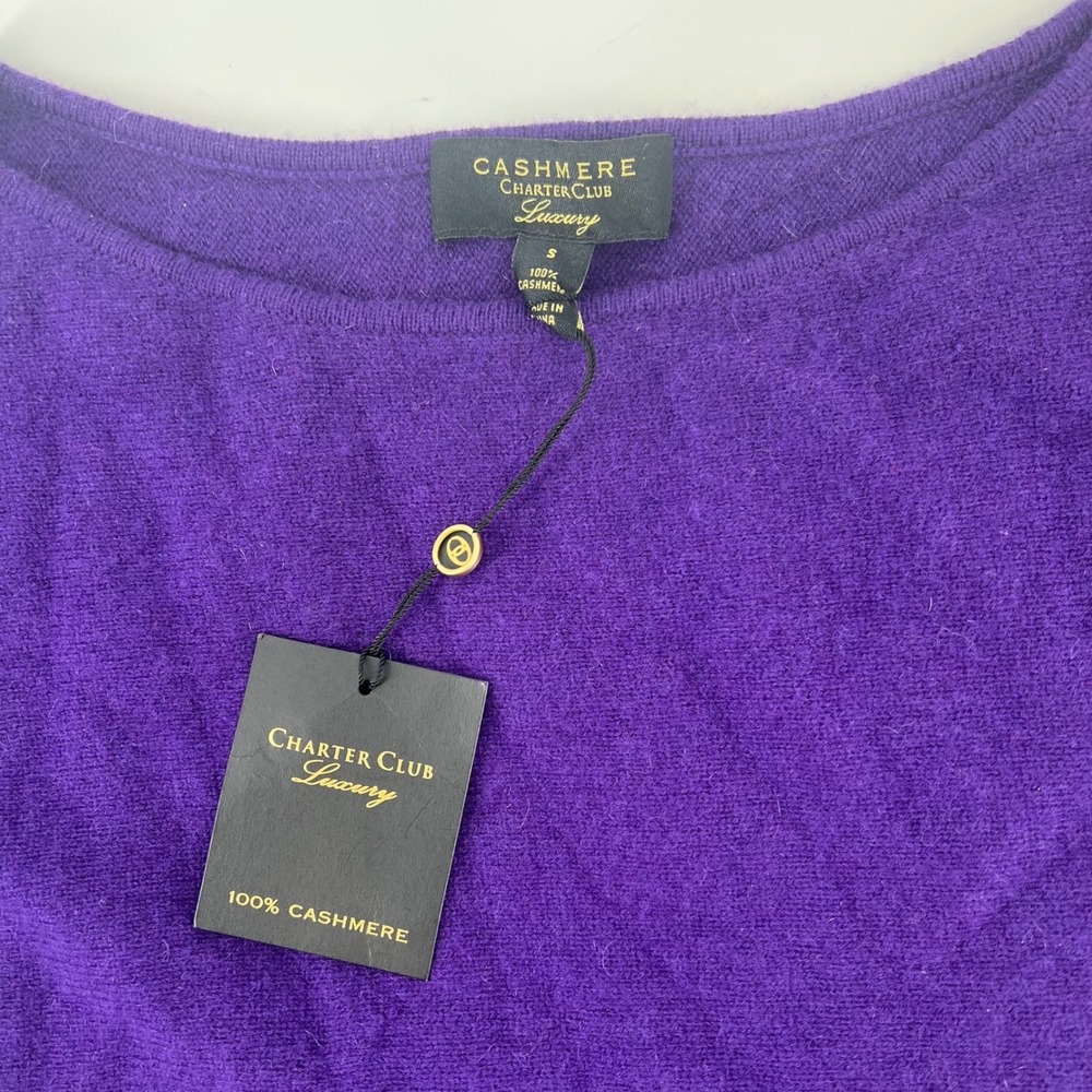 NWT Charter Club Luxury 100% Cashmere Sweater Purple Small Boat Neck Curved Hem - Picture 10 of 11